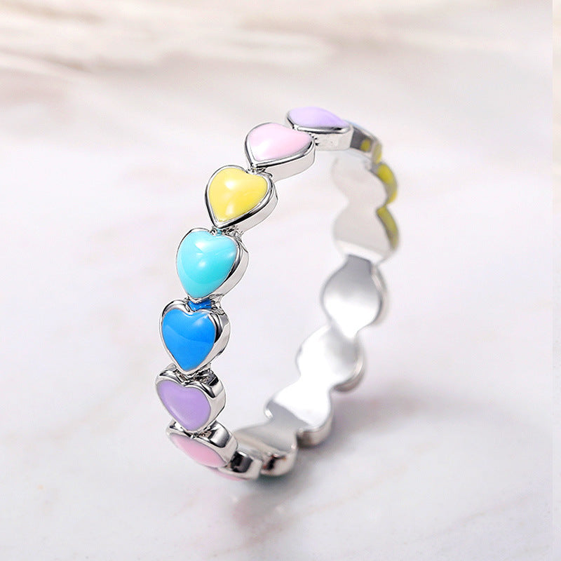 Regenbogenherzen Ring aus 925 Sterling Silber und handbemaltem Emaille