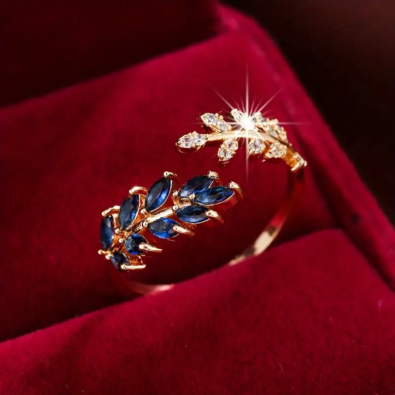 Offener Blauer Blatt-Zirkonia Goldring
