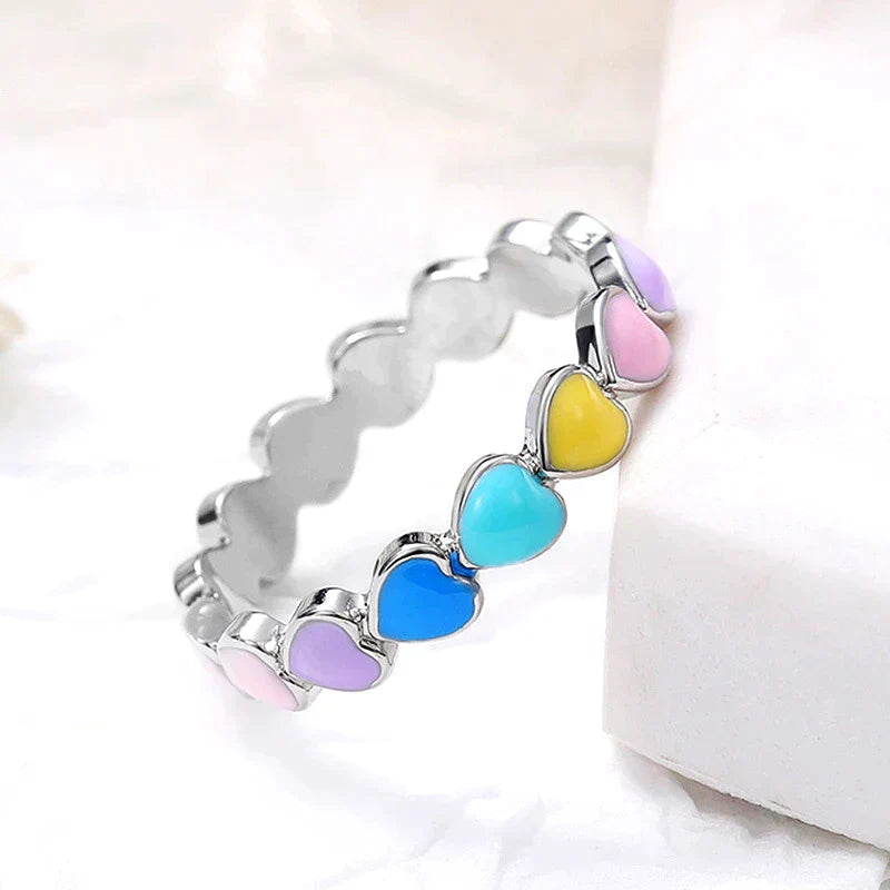 Regenbogenherzen Ring aus 925 Sterling Silber und handbemaltem Emaille