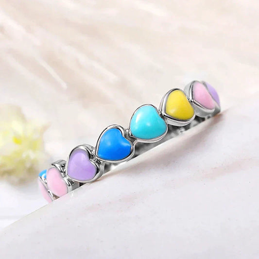 Regenbogenherzen Ring aus 925 Sterling Silber und handbemaltem Emaille