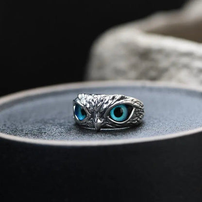 Eule des Glücks verstellbarer Ring aus Silber und Opal