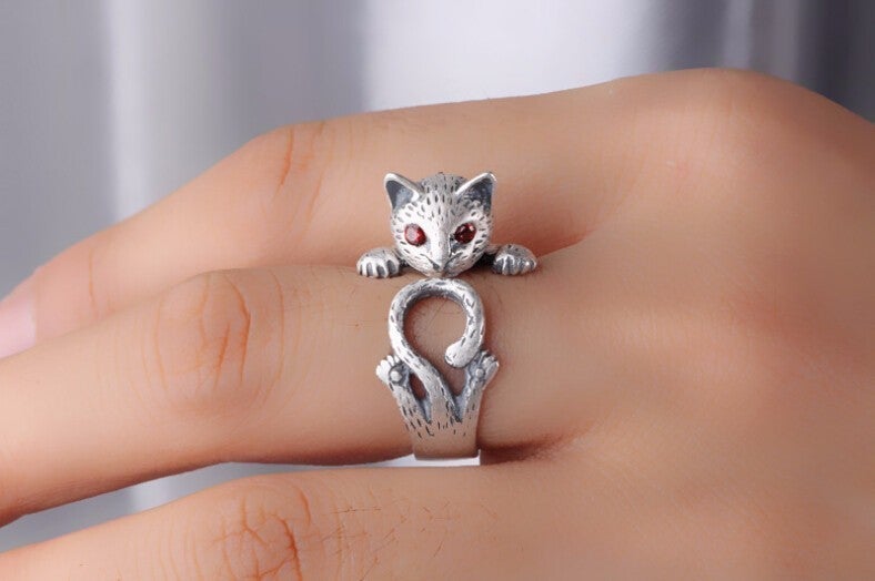 Verstellbarer handgemalter Katzenring aus 925 Sterling Silber