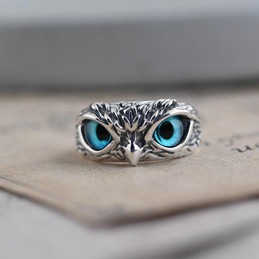 Eule des Glücks Verstellbarer Ring aus Silber und Opal