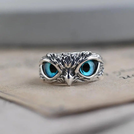 Eule des Glücks verstellbarer Ring aus Silber und Opal