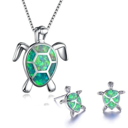 Set aus Kette und Ohrringen mit Meeresschildkröten aus Opal