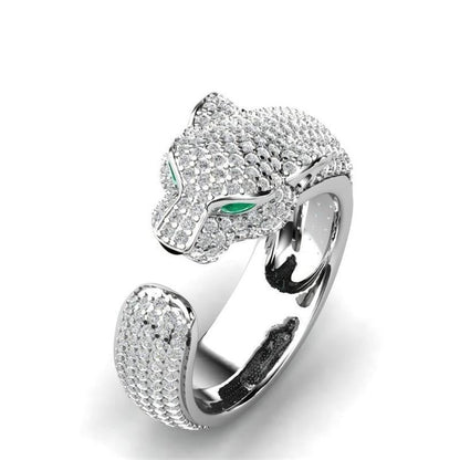 Verstellbarer Jaguar-Ring aus 18 Karat Silber und Roségold mit grünen Zirkonia-Augen