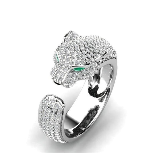 Verstellbarer Jaguar-Ring aus 18 Karat Silber und Roségold mit grünen Zirkonia-Augen