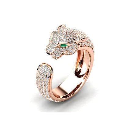 Verstellbarer Jaguar-Ring aus 18 Karat Silber und Roségold mit grünen Zirkonia-Augen